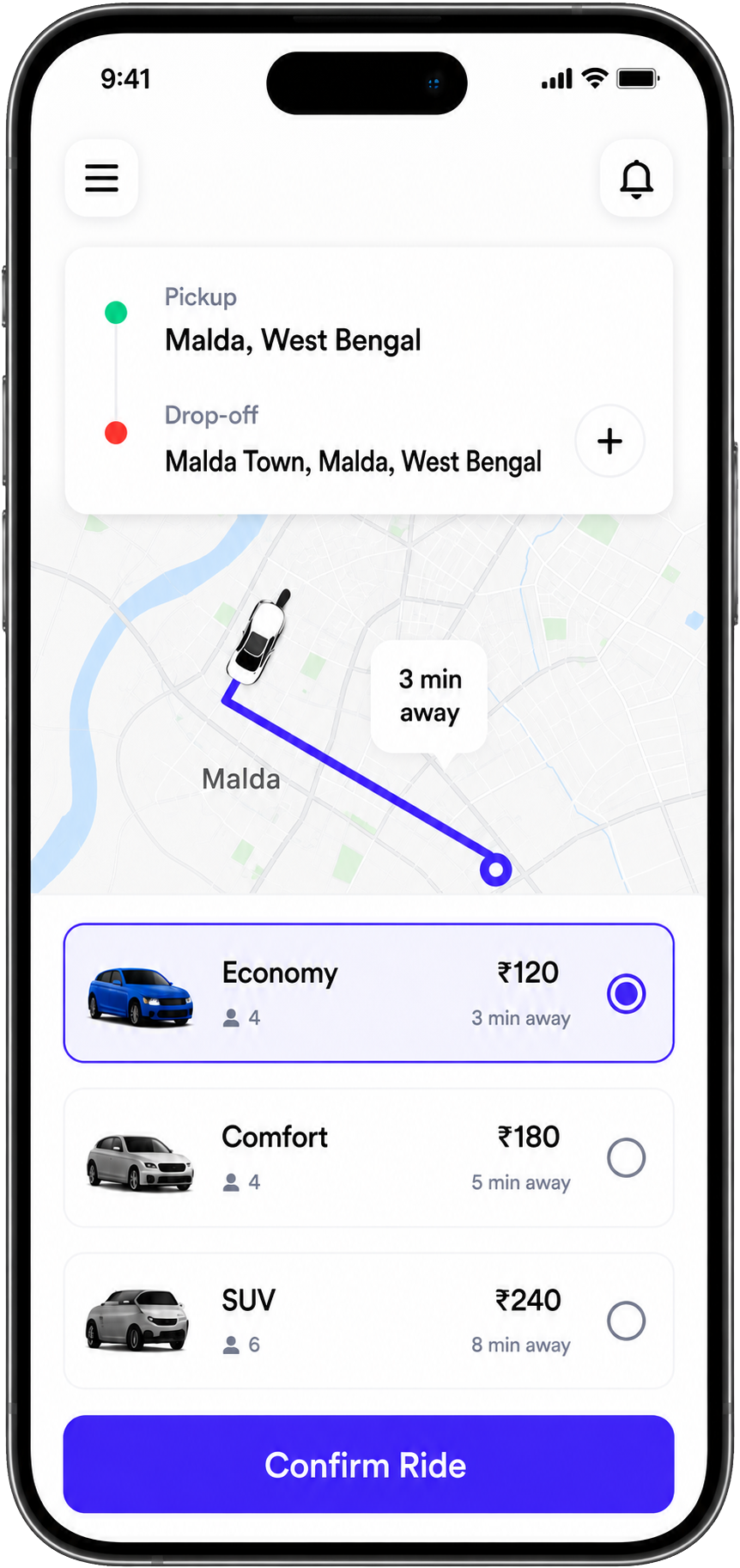 ReadyRide app booking interface with car